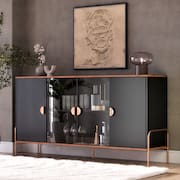 Aparador Buffet Sala Esmeralda 160cm Com Portas de Vidro Preto com Freijó - Rede Móveis