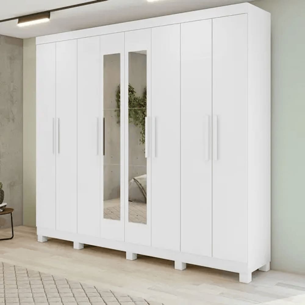 Guarda Roupa 08 Pts Andara Soft 2024 - C/ Espelho E C/Pes Pvc Branco - La 2.36