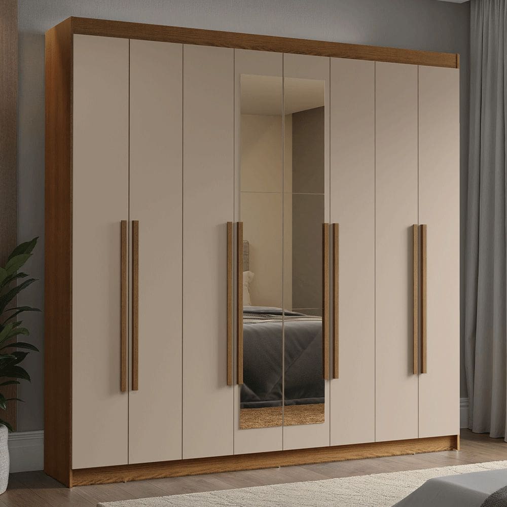 Guarda-Roupa Casal 8 Portas Batentes com Espelho Rustic/Crema/Rustic Venus Madesa