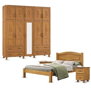 Conjunto Quarto Carvalho Casal: Guarda-Roupa Florença 10 Portas Cama e 2 Mesas Cabeceira Madeira Pinus - Tozzeto