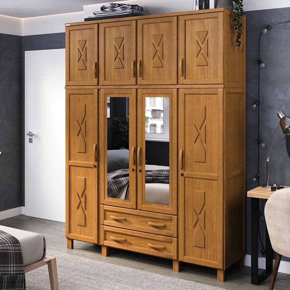 Guarda-Roupa Dallas com 8 Portas, Maleiro e 2 Gavetas Madeira Pinus Carvalho - Tozzeto