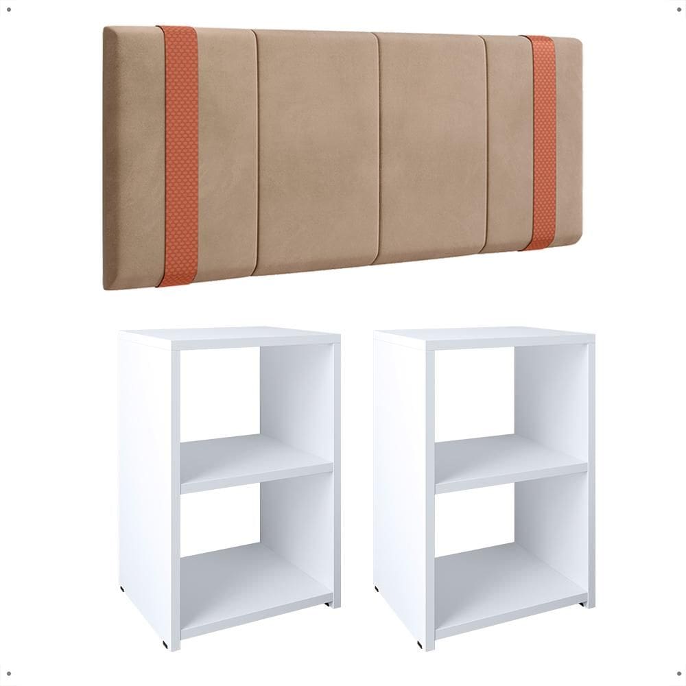 Kit 2 Mesinhas Bella Lateral Prateleira Organizadora Branco Cabeceira Parise Suspensa Cama Box Casal 1,40 Estofada Bege Suede - Lojas RPM