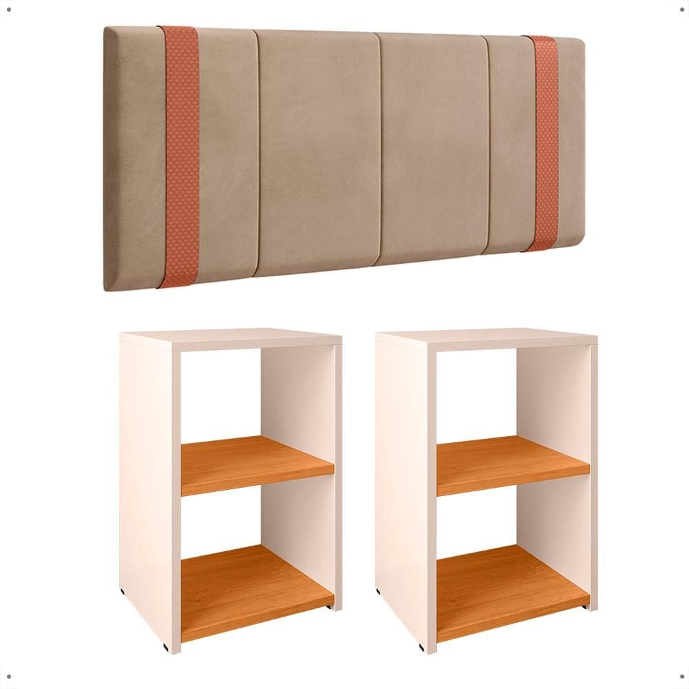Kit 2 Mesinhas Bella Lateral Prateleira Organizadora Off White/Cinamomo Cabeceira Parise Suspensa Cama Box Casal 1,40 Estofada Bege Suede - Lojas RPM
