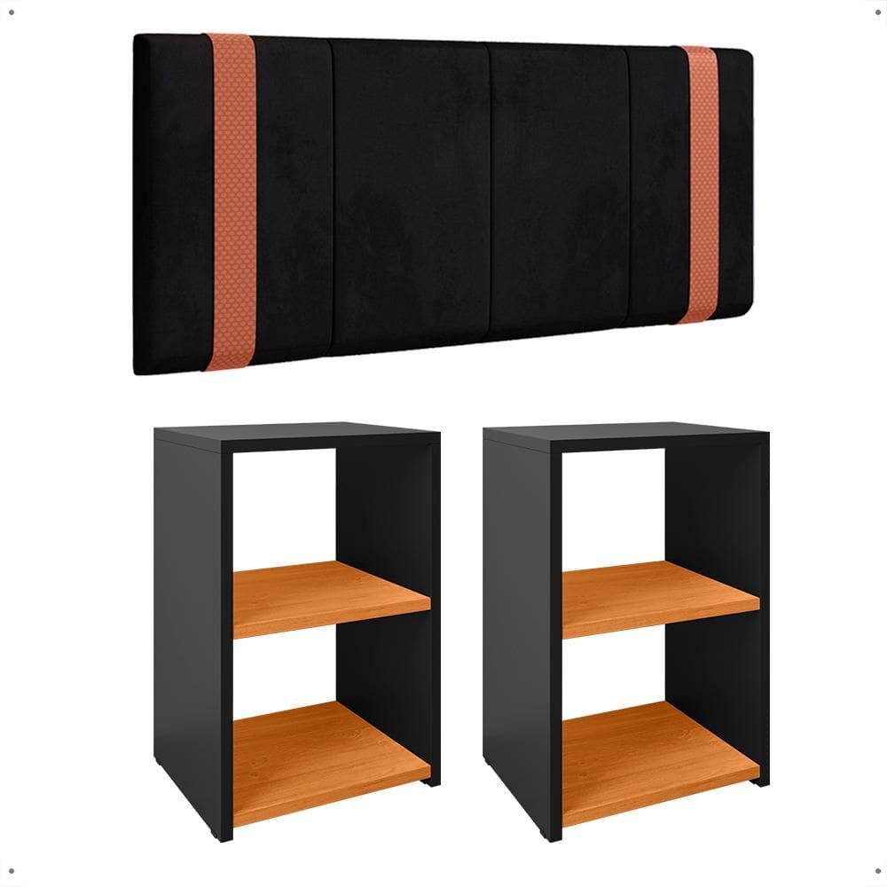Kit 2 Mesinhas Bella Lateral Prateleira Organizadora Preto/Cinamomo Cabeceira Parise Suspensa Cama Box Casal 1,40 Estofada Suede - Lojas RPM