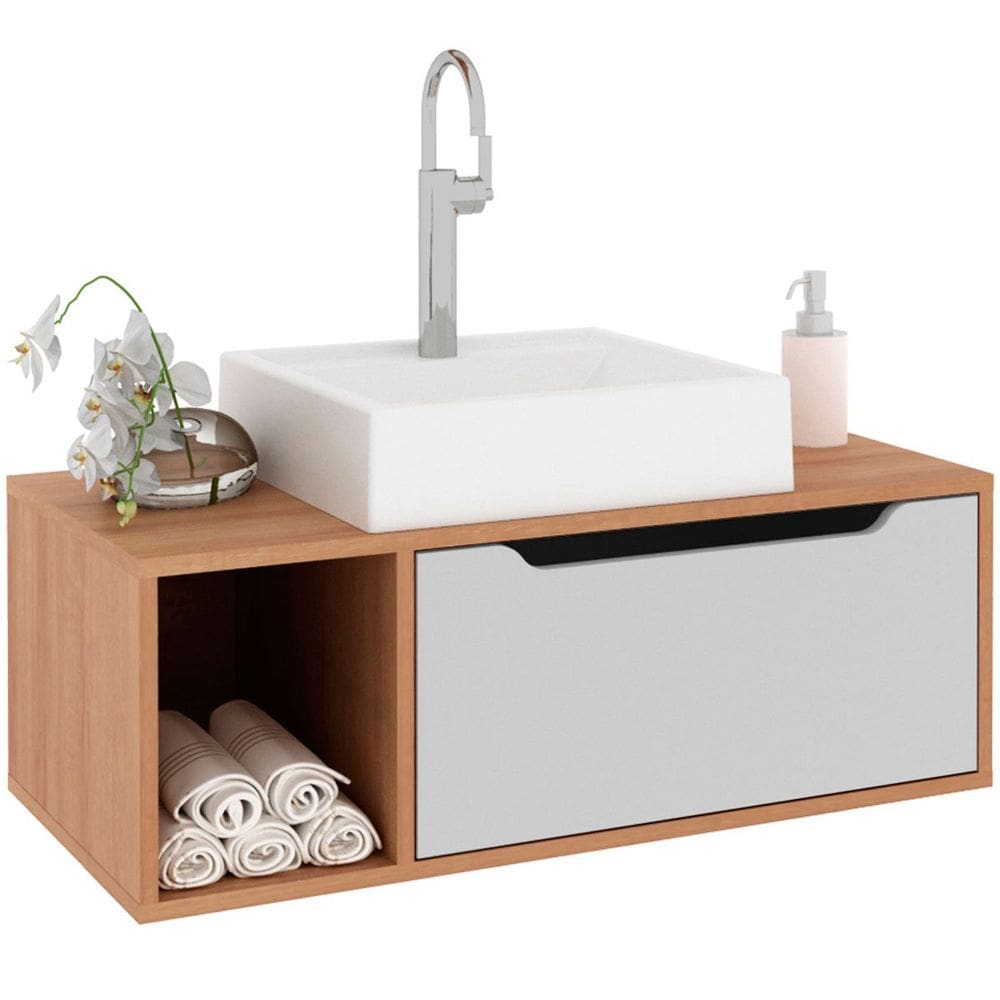 Gabinete de Banheiro 80 cm com Cuba 1 Porta e Nicho