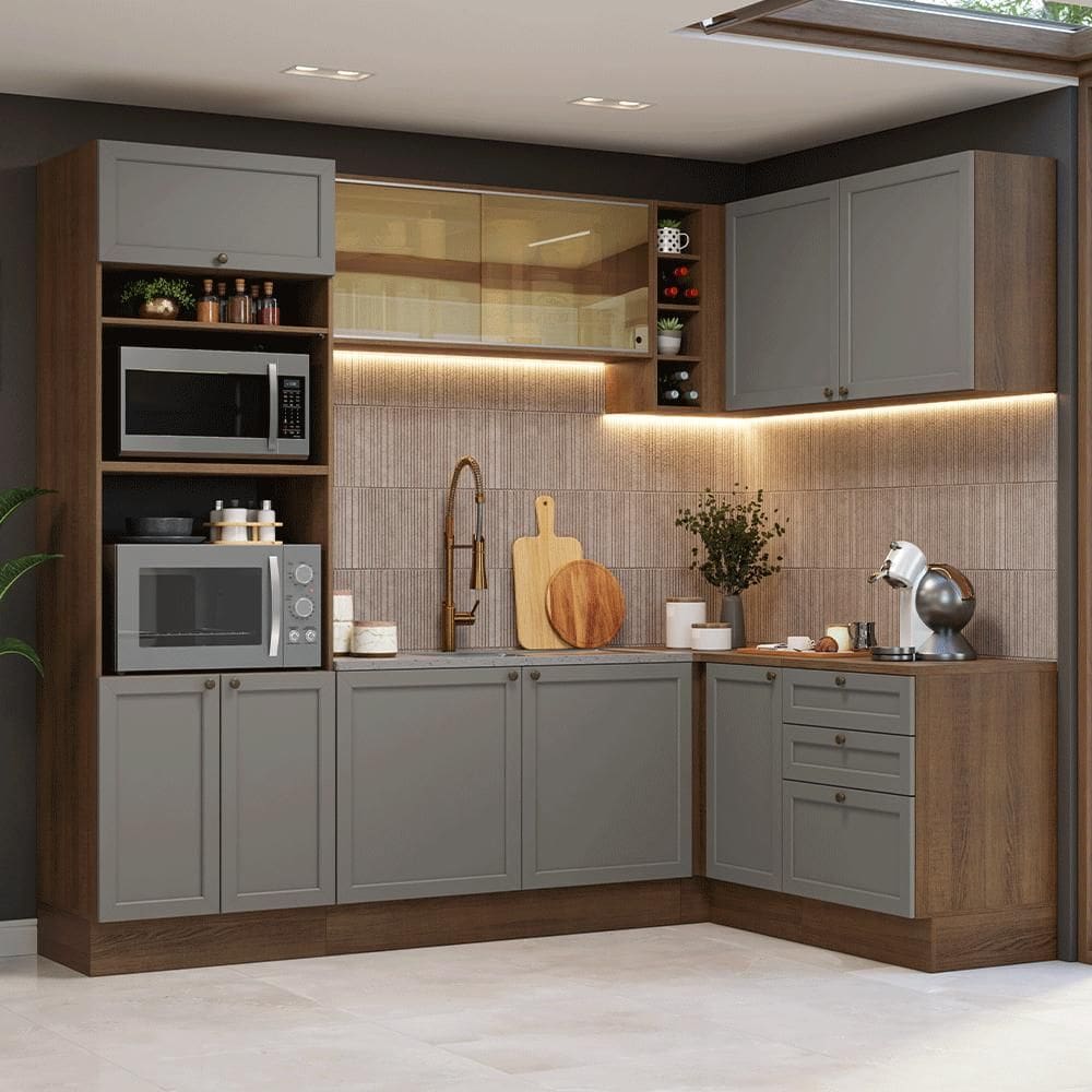 Armário de Cozinha Completa de Canto 399 cm Rustic/Cinza Vik Madesa 02