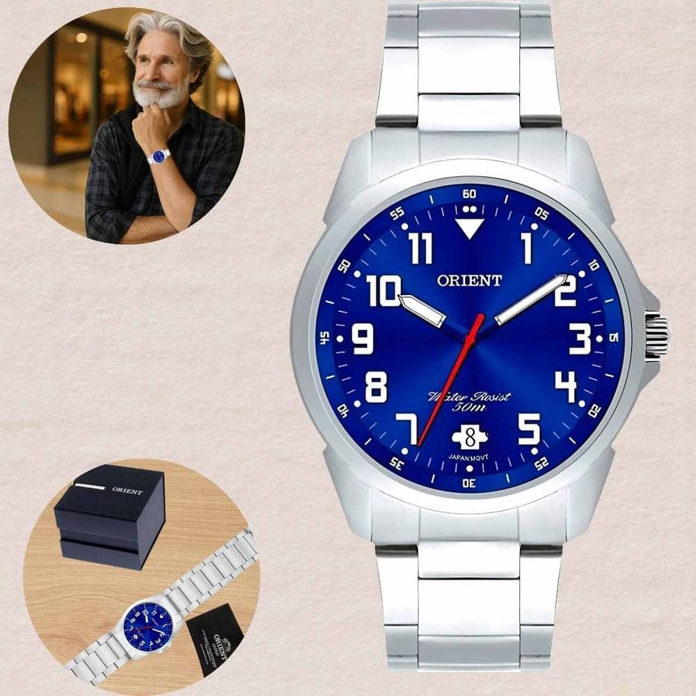Relógio Masculino Orient MBSS1154A D2SX Azul Pulseira Aço Quartz Calendário Prova d`Água 50 Metros Casual e Resistente