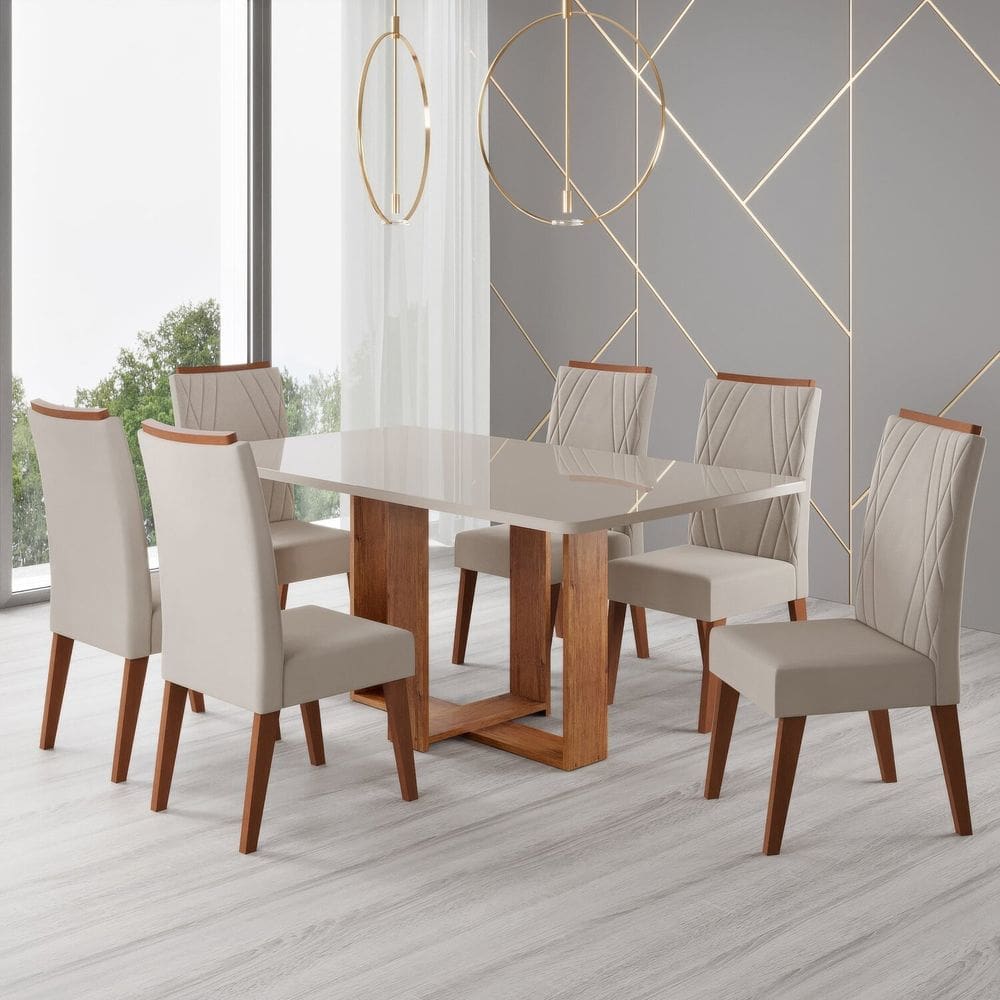 Conjunto Sala de Jantar Mesa 160x79,2cm Tampo com Vidro 6 Cadeiras Riviera Mel/Off White/Bege