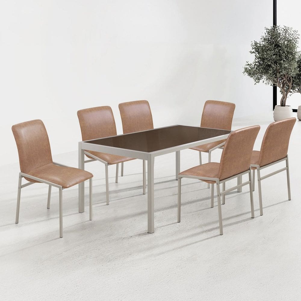 Conjunto Sala de Jantar com Tampo de Vidro 6 Cadeiras Premium Champanhe / Bege /Café Metalizado