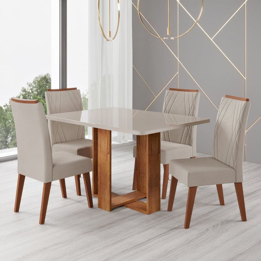 Conjunto Sala de Jantar Mesa 120x79,2cm Tampo com Vidro 4 Cadeiras Riviera Mel/Off White/Bege