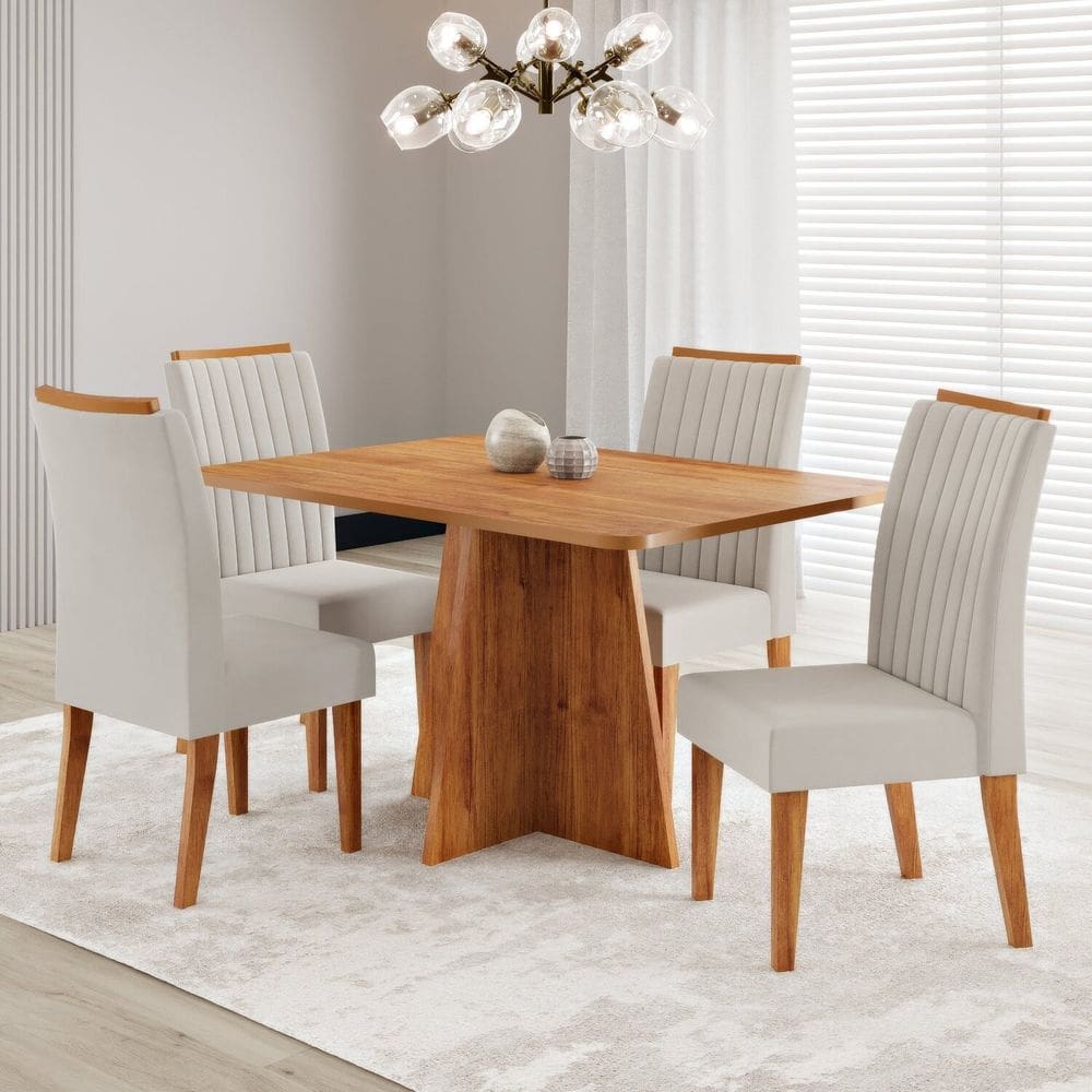 Conjunto Sala de Jantar Mesa 120x77,5cm Tampo sem Vidro com 4 Cadeiras Tannat Mel/Bege