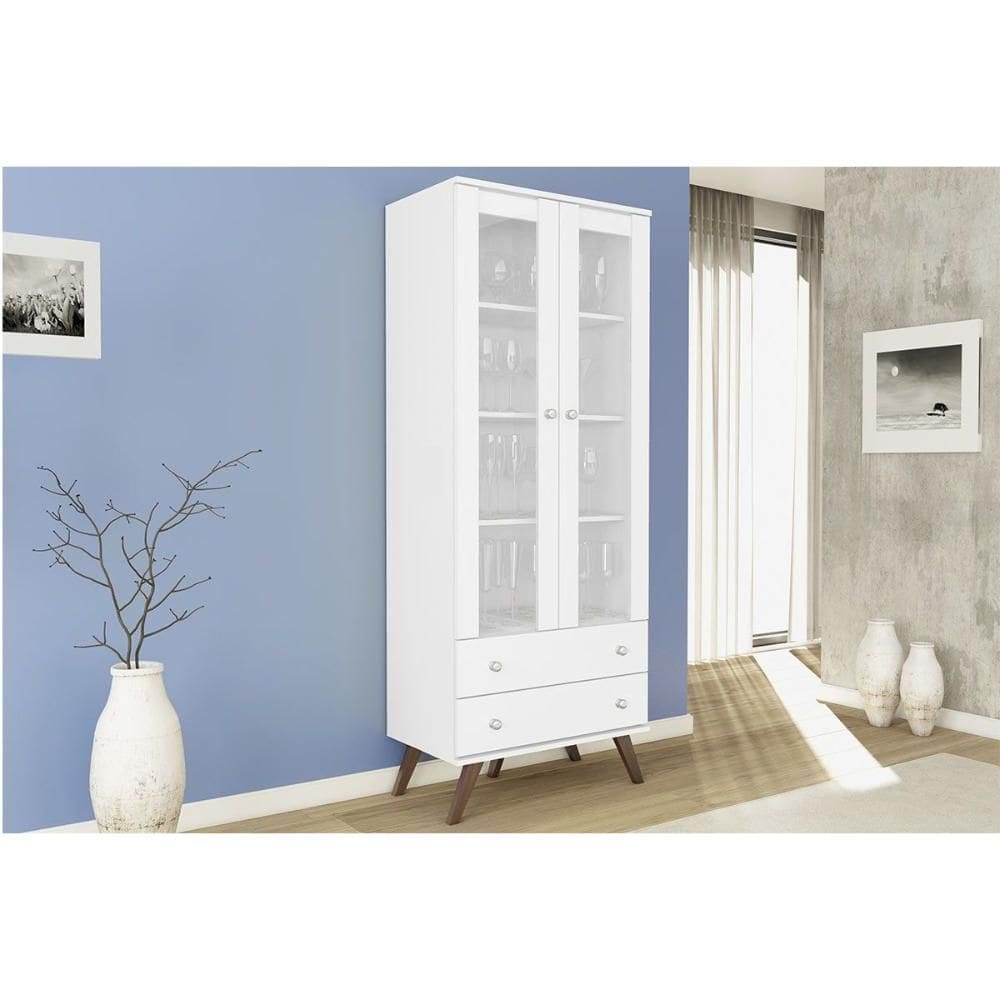 Estante de Livros ESM 217 c/ 2 Portas c/ Vidro e 2 Gavetas 70cm Branco - Movelbento