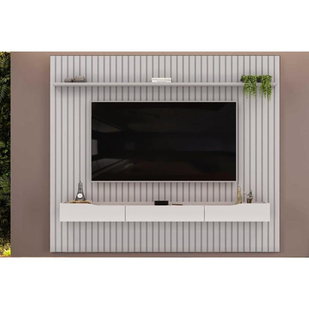 Rack Bancada c/ Painel p/ TV até 85 Pol Pratic Ripado 3 Gavetas 250x240cm Bali - DJ Móveis