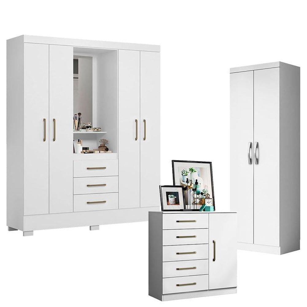 Guarda Roupa Solteiro Paris 2045150 com Armário Multiuso 2 Portas New 2000192 e Cômoda Sapateira Milão 2014145 Branco - Aramóveis