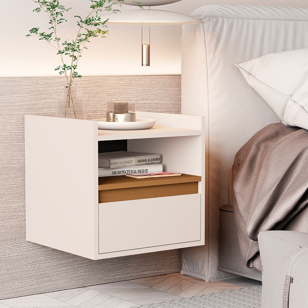 Mesa de Cabeceira Suspensa Minerva com 1 Porta Off-white/nature