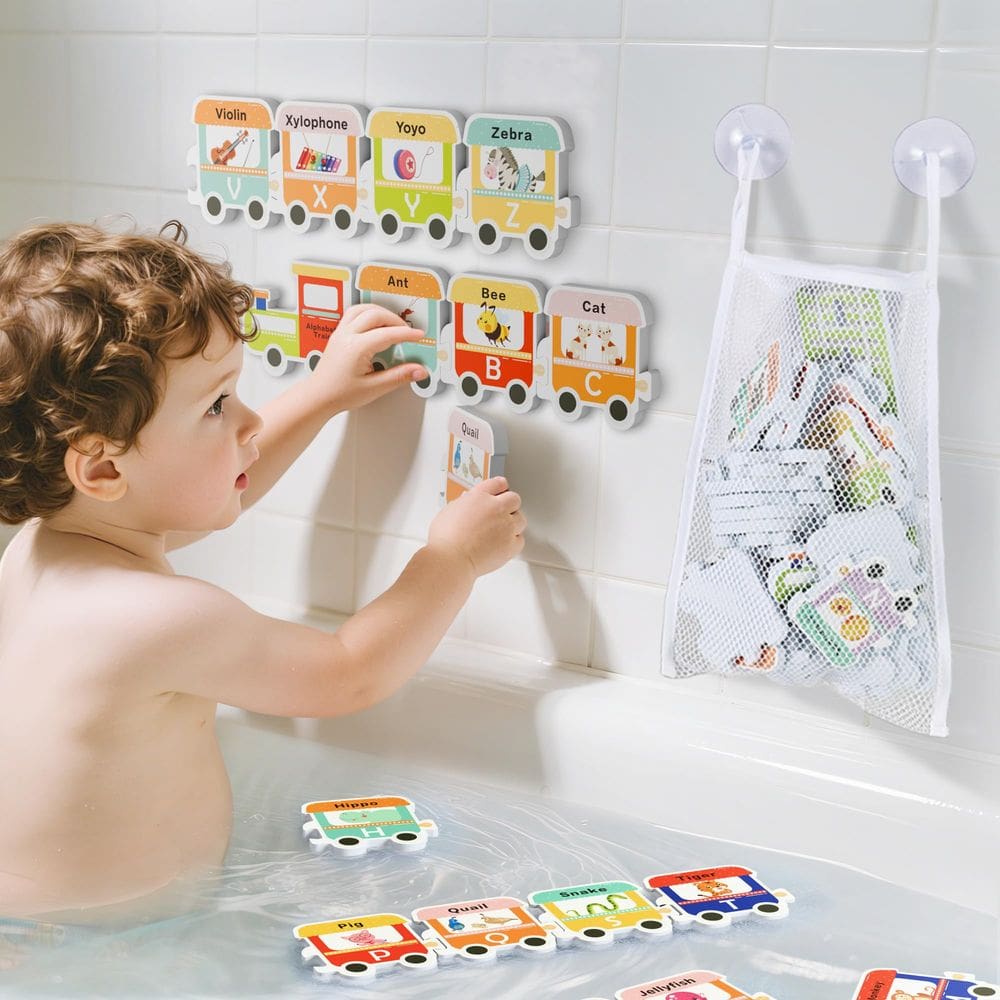 Organizador de brinquedos de banho com letras de espuma Alphabet Train iPlay iLearn