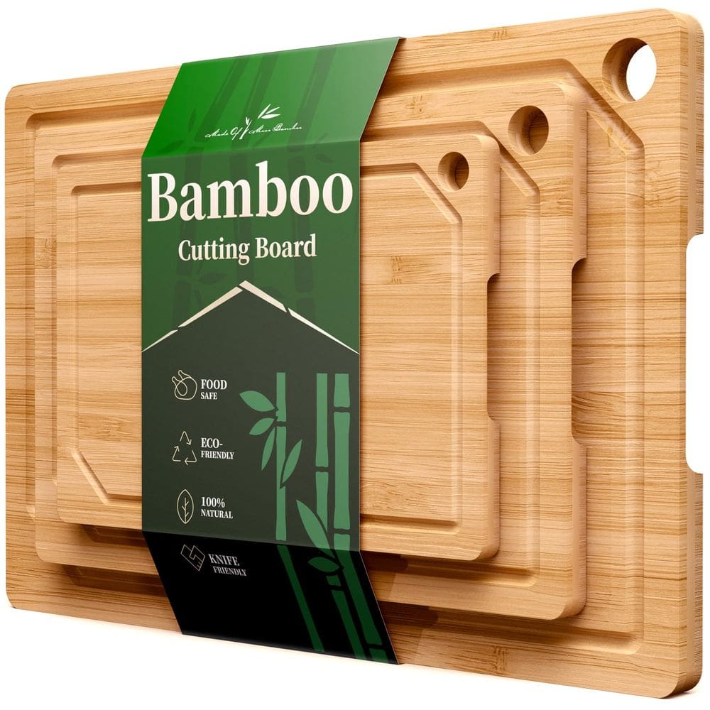 Tábua de cortar Kitsure Bamboo de vários tamanhos com Juice Grooves, pacote com 3