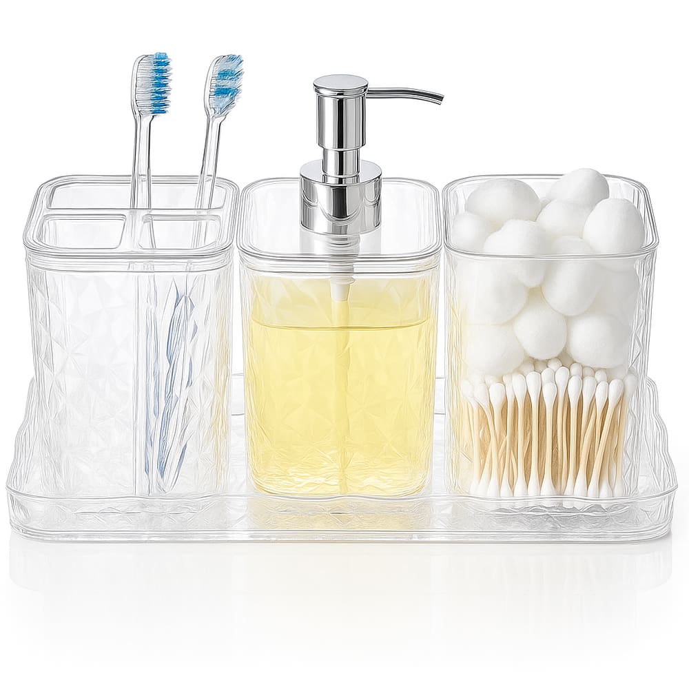 Kit Porta Sabonete Líquido, Escova e Algodão com Saboneteira - Acrílico