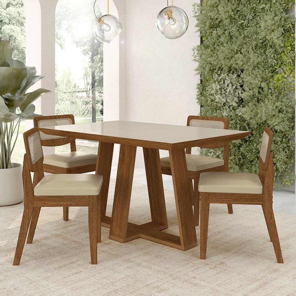 Conjunto Mesa Lins 4 Cadeiras Sextavada Freijó/off/corino Bege - M.a