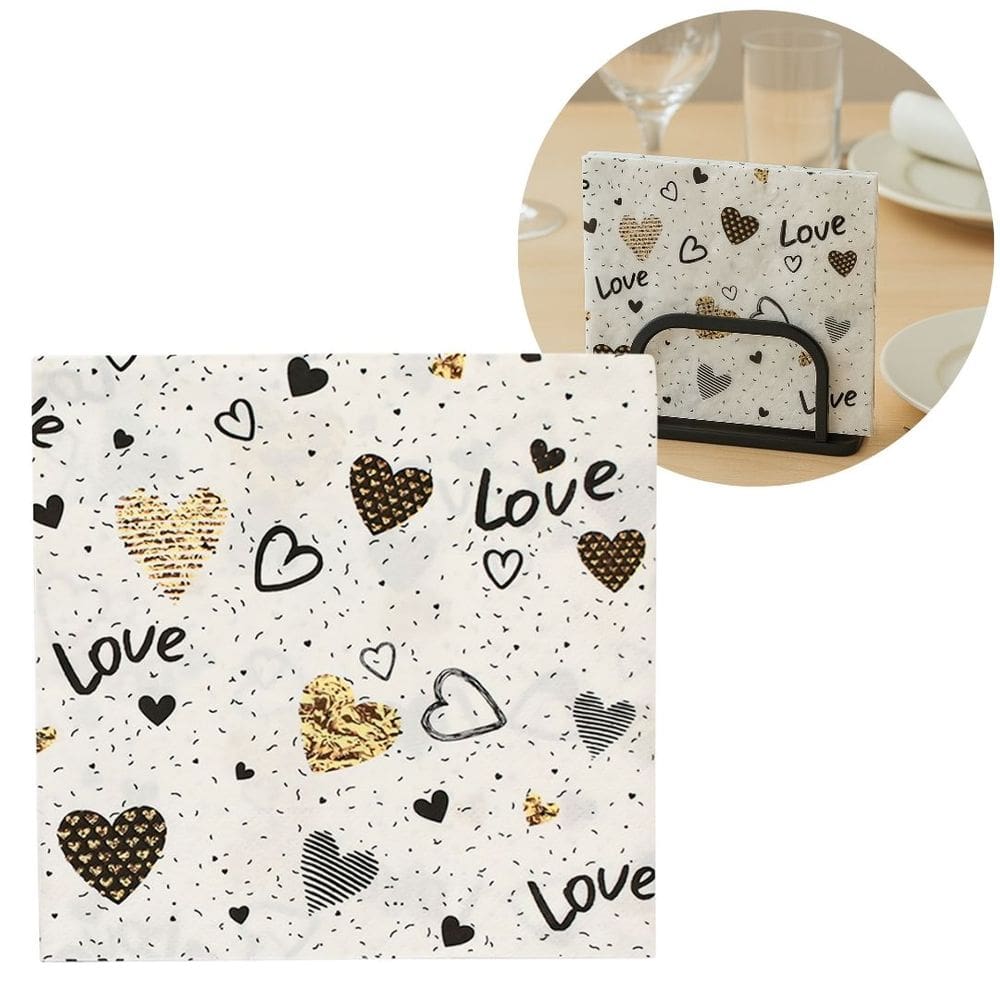 Guardanapo Estampado Corações Love Branco e Dourado 20 Folhas 16cm - Tuut