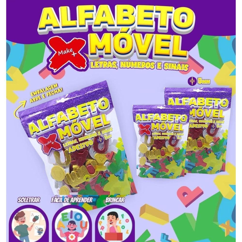 Alfabeto Móvel Adesivo c/ Glitter Letras Números e Sinais 5mm 150 Peças Make+ | Alfabetização | Apredizagem | EVA