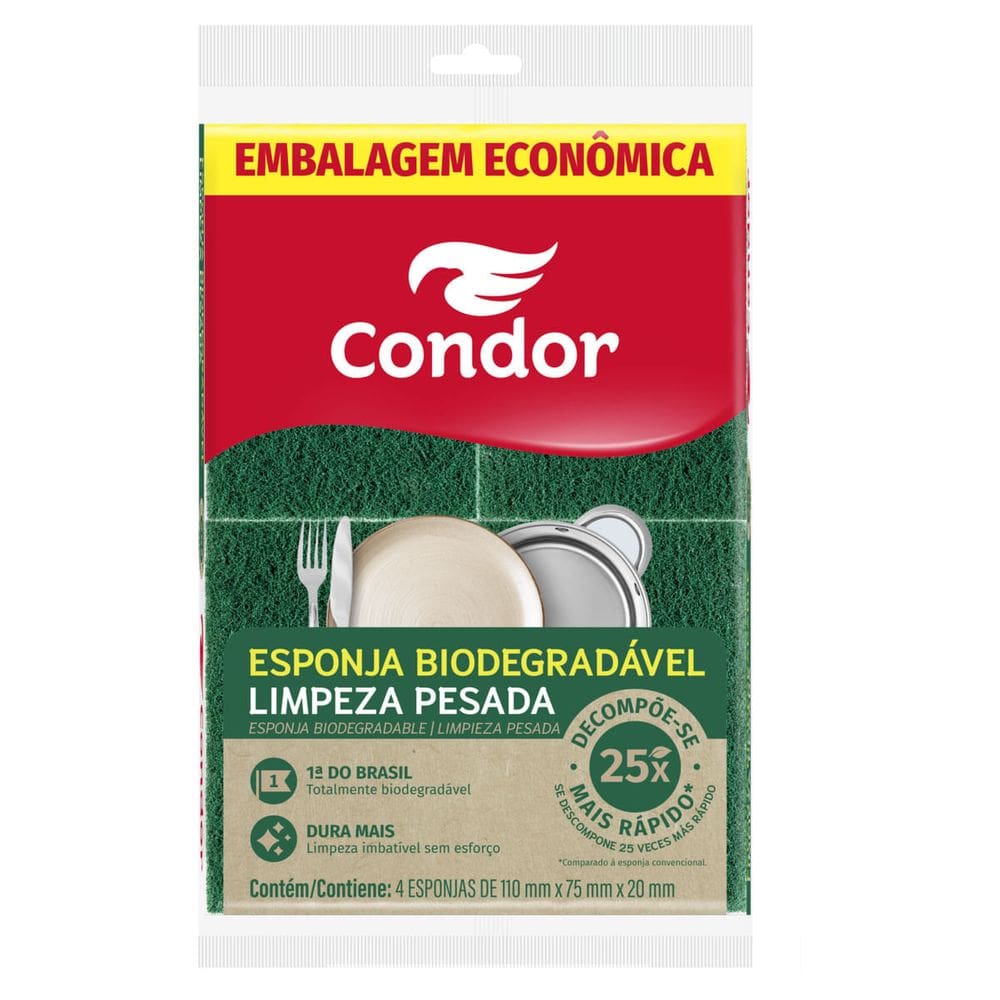 Esponja Biodegradavel Limpeza Pesada Condor 4 Unidades Embalagem Economica
