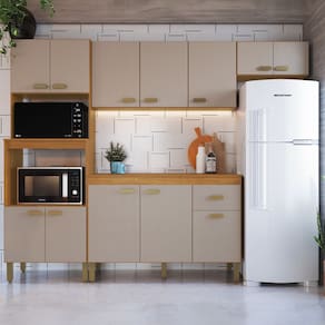 Cozinha Modulada Compacta Fidelitá Mariana 4 Peças 240cm 12 Portas 1 Gaveta Com Tampo Freijó/Camurça
