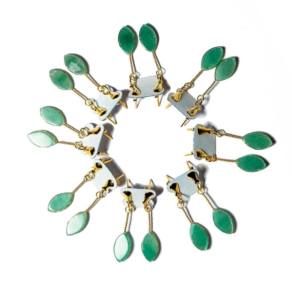 10 Brinco Navete Quartzo Verde Ranhurado Tarraxa Dourado