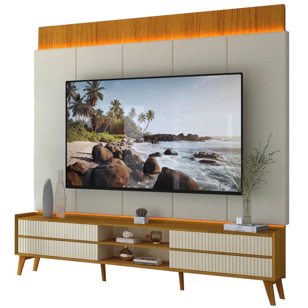 Rack com Painel Magnifico para TV até 75 Polegadas com LED e 4 Gavetas Gelius Cor Naturale Off White