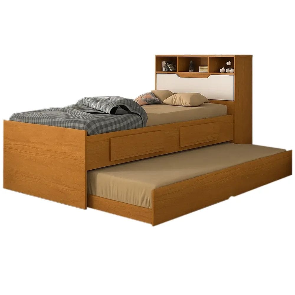 Cama Ravena COM Cama Auxiliar Solteiro 2 Gavetas e Baú Conquista Cor Cinamomo Off White