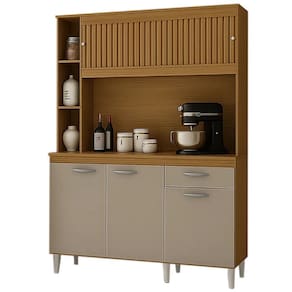 Armário de Cozinha Duda 140cm 5 Portas 1 Gaveta Poquema Cor Damasco Off White Ripado 3D