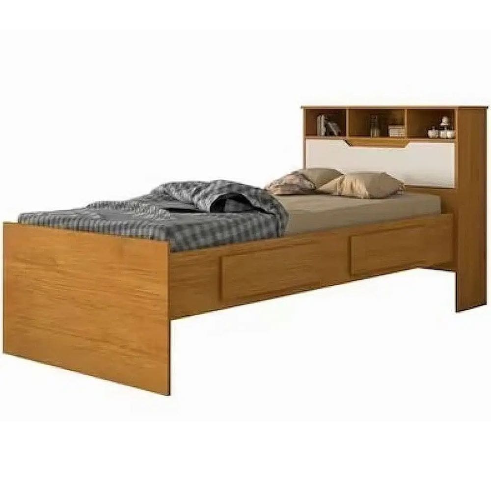 Cama Ravena SEM Cama Auxiliar Solteiro 2 Gavetas e Baú Conquista Cor Cinamomo Off White