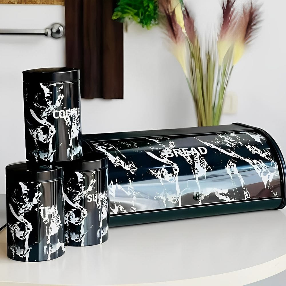 Kit Porta Pão com 3 Lata Café, Açucar e Tea em Metal Galvanizado Preto - 4 Peças