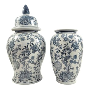 Kit Potiche Vaso Porcelana Azul E Branco Floral Luxo