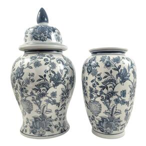 Kit Potiche Vaso Porcelana Azul E Branco Floral Luxo