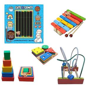 Kit 4 Brinquedos Pedagógicos Em Madeira + Livro + Canetinhas