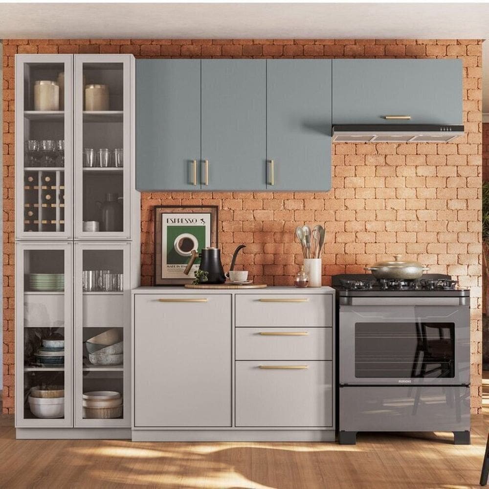 Cozinha Modulada com Cristaleira 4 Peças Essence 100% Mdf Itatiaia Cinza/Gris