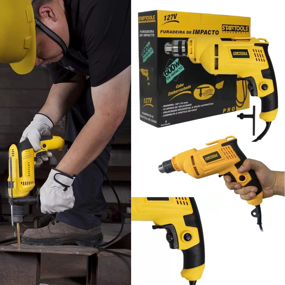 Furadeira Parafusadeira de Impacto Mandril De 3/8 600W 127V Frequência 60Hz Amarela