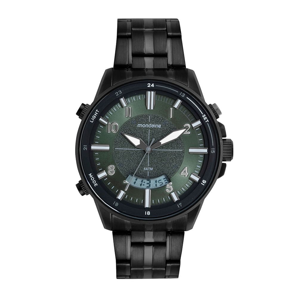 Relógio MONDAINE masculino anadigi preto verde 32855GPMVPE3