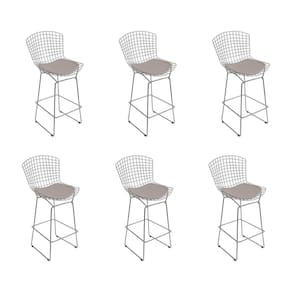 Kit 6 Banquetas Bistrô Bertoia Cromada D80 Com Assento Sintético Bege Cor Cinza
