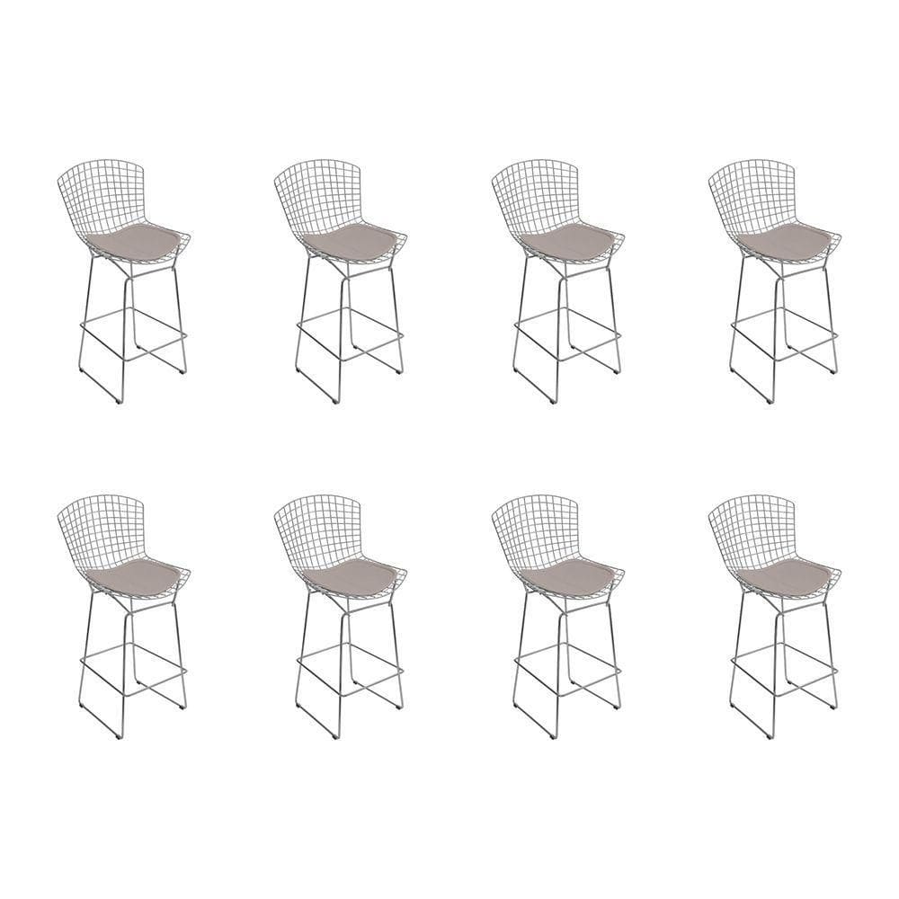 Kit 8 Banquetas Bistrô Bertoia Cromada D60 Com Assento Sintético Bege Cor Cinza