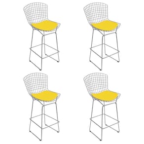 Kit 4 Banquetas Alta Bistrô Bertoia Cromada D80 Com Assento Sintético Amarelo Cor Amarelo