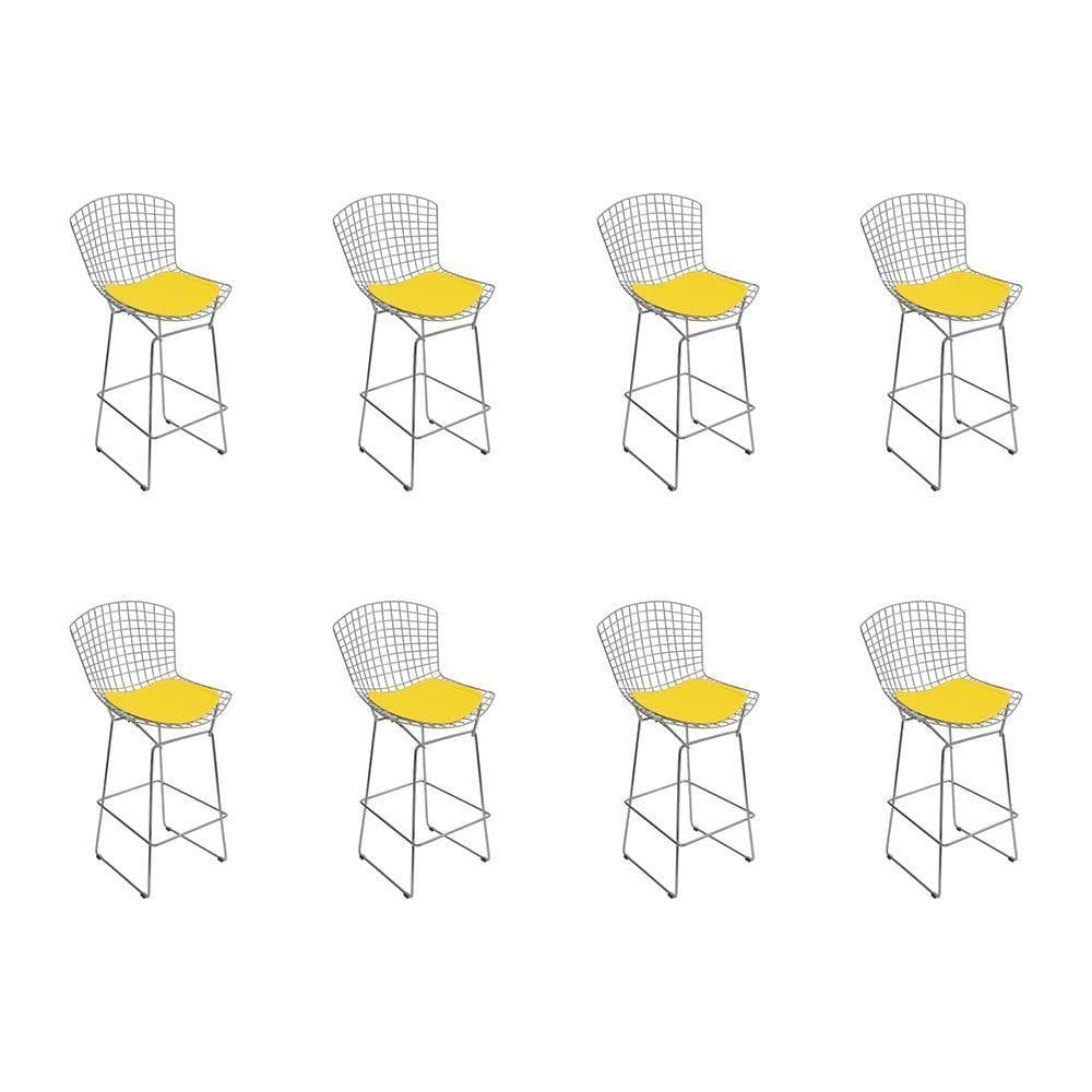 Kit 8 Banquetas Bistrô Bertoia Cromada D70 Com Assento Sintético Amarelo Cor Cinza