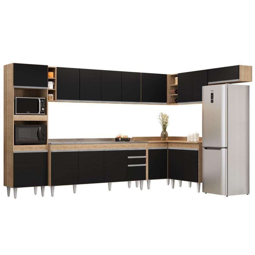 Armário De Cozinha Modulada De Canto 9 Peças Cp06 Balcão Com Pia Inox Castanho/preto Lumil