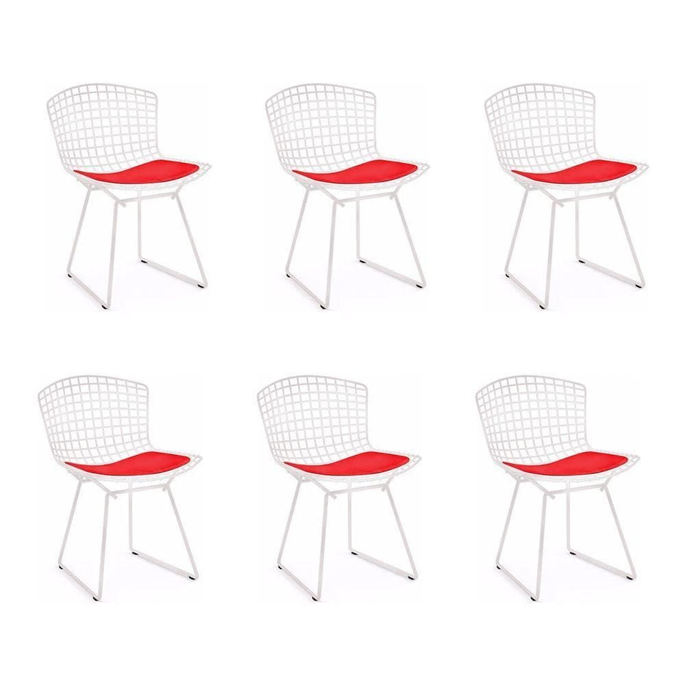 Kit 6 Cadeiras Bertoia Branca Com Assento Vermelho Cor Branco
