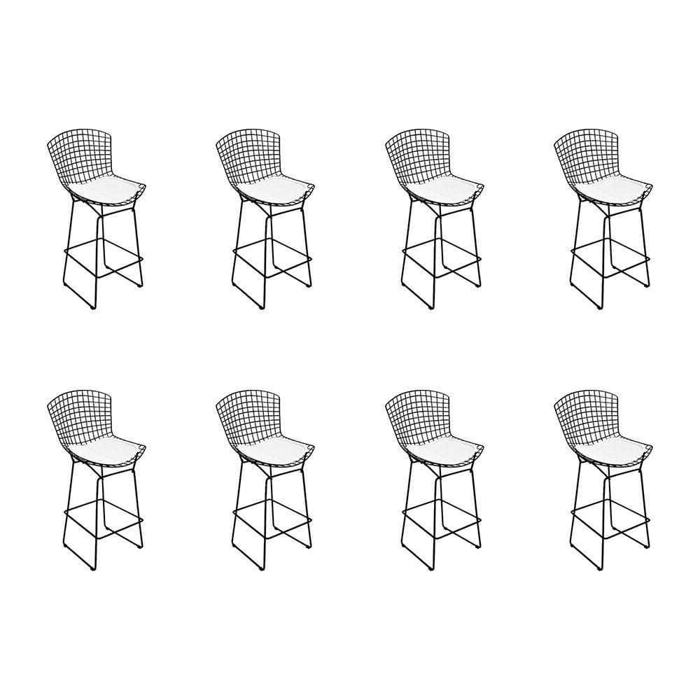 Kit 8 Banquetas Bistrô Bertoia Preta D70 Com Assento Branco Cor Preto