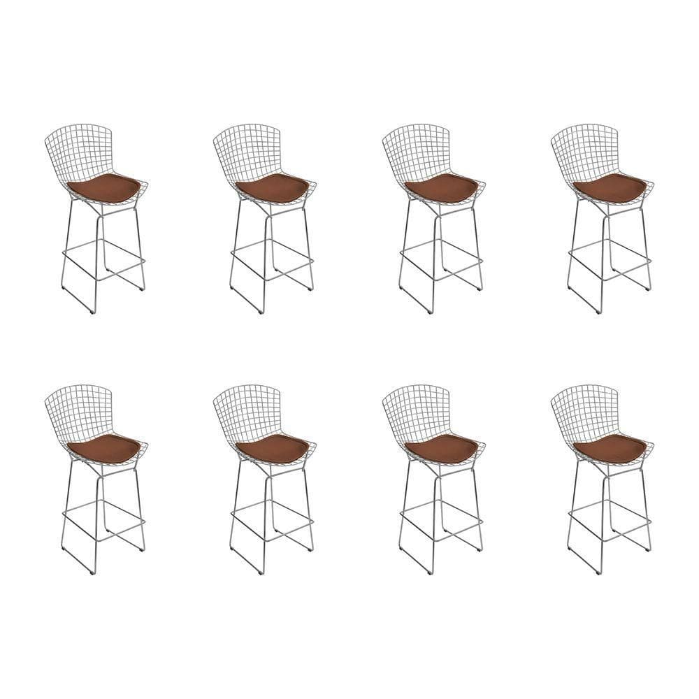 Kit 8 Banquetas Bistrô Bertoia Cromada D80 Com Assento Sintético Marrom Cor Cinza