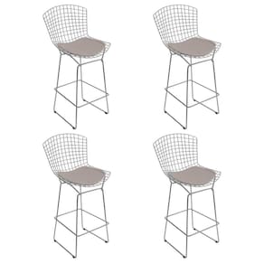Kit 4 Banquetas Alta Bistrô Bertoia Cromada D80 Com Assento Sintético Bege Cor Bege