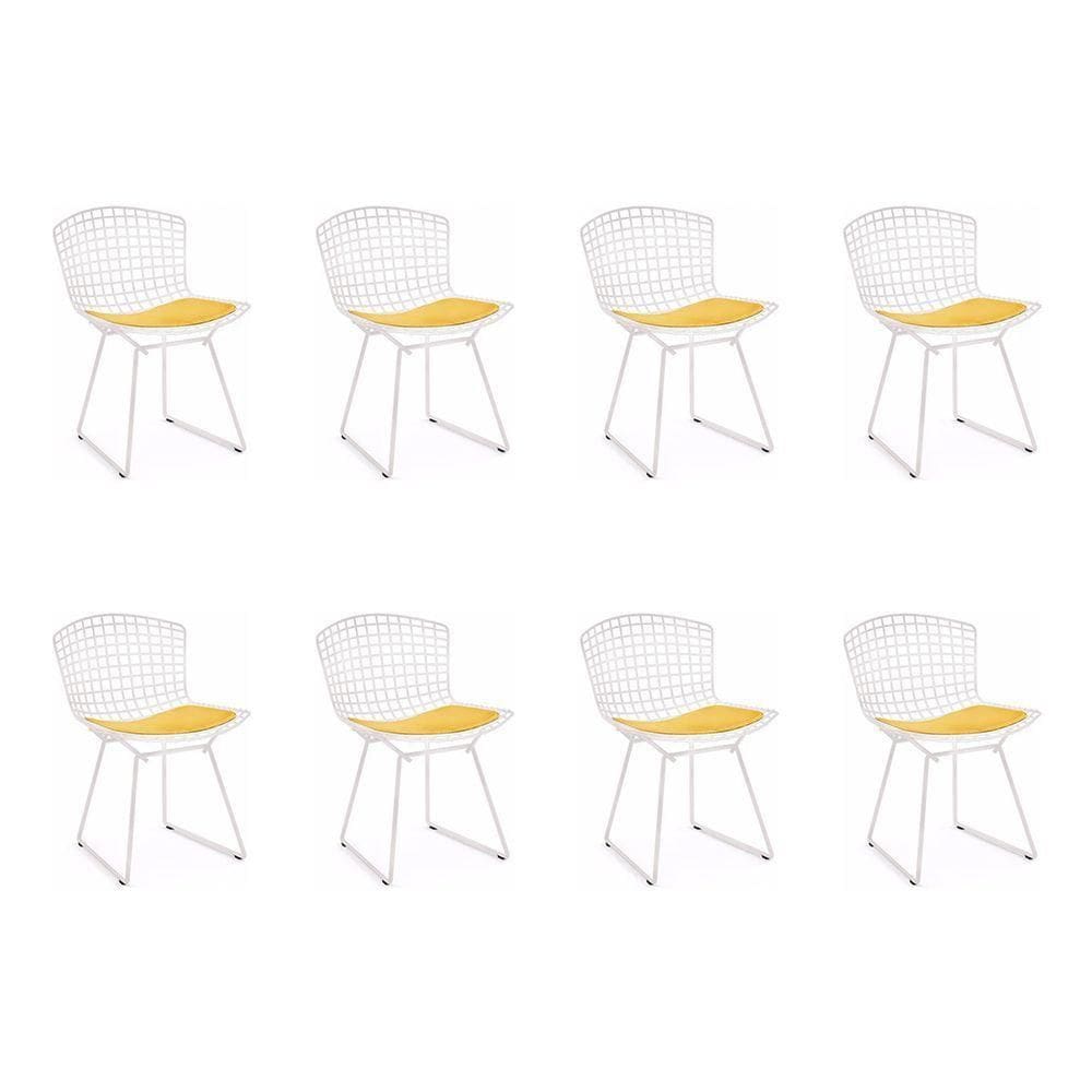 Kit 8 Cadeiras Bertoia Branca Com Assento Amarelo Cor Branco