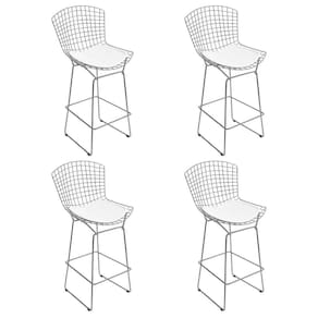 Kit 4 Banquetas Alta Bistrô Bertoia Cromada D80 Com Assento Sintético Branco Cor Branco
